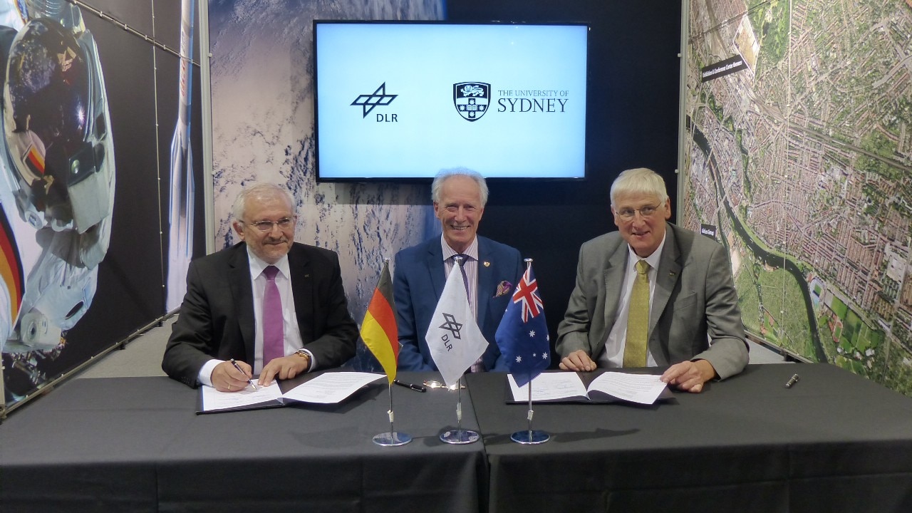 The MOU was signed by Dean of the Faculty of Engineering and Information Technologies Professor Archie Johnston, DLR Executive Board Member for Space Research and Technology Professor Hansjörg Dittus and DLR Space Research and Technology Program Director Dr Hubert Reile. Image courtesy: DLR.