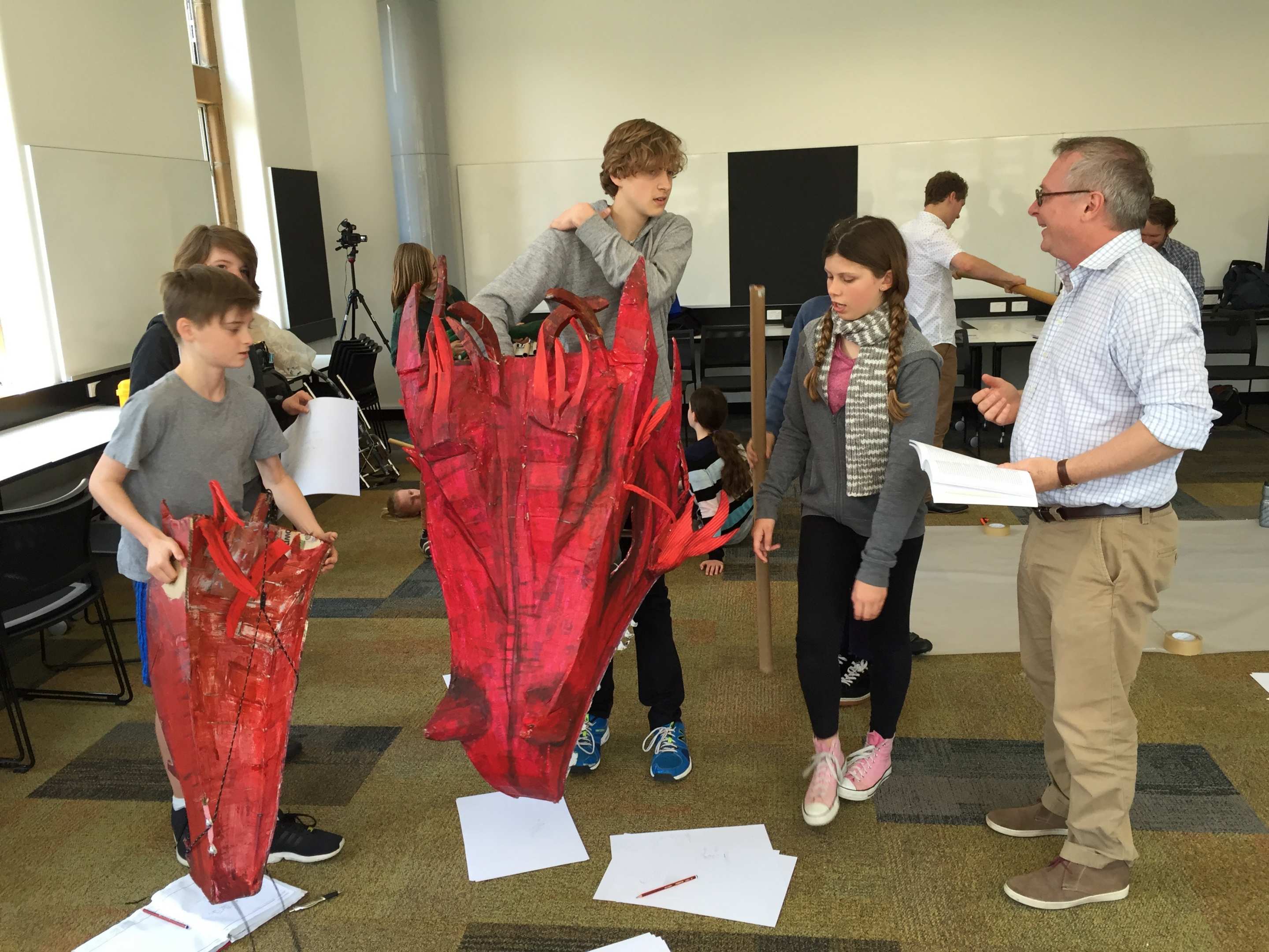 Students prepare a puppet dragon at the Beowulf workshop at the University of Sydney. Photo: David Cameron.