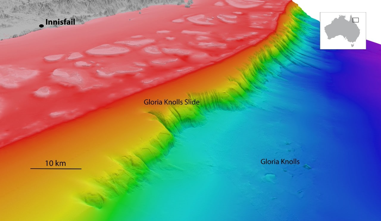 North-westerly view of the Gloria Knolls Slide and Gloria Knolls off Innisfail. Depths are coloured red (shallow) to blue (deep), over a depth range of about 1700 metres.