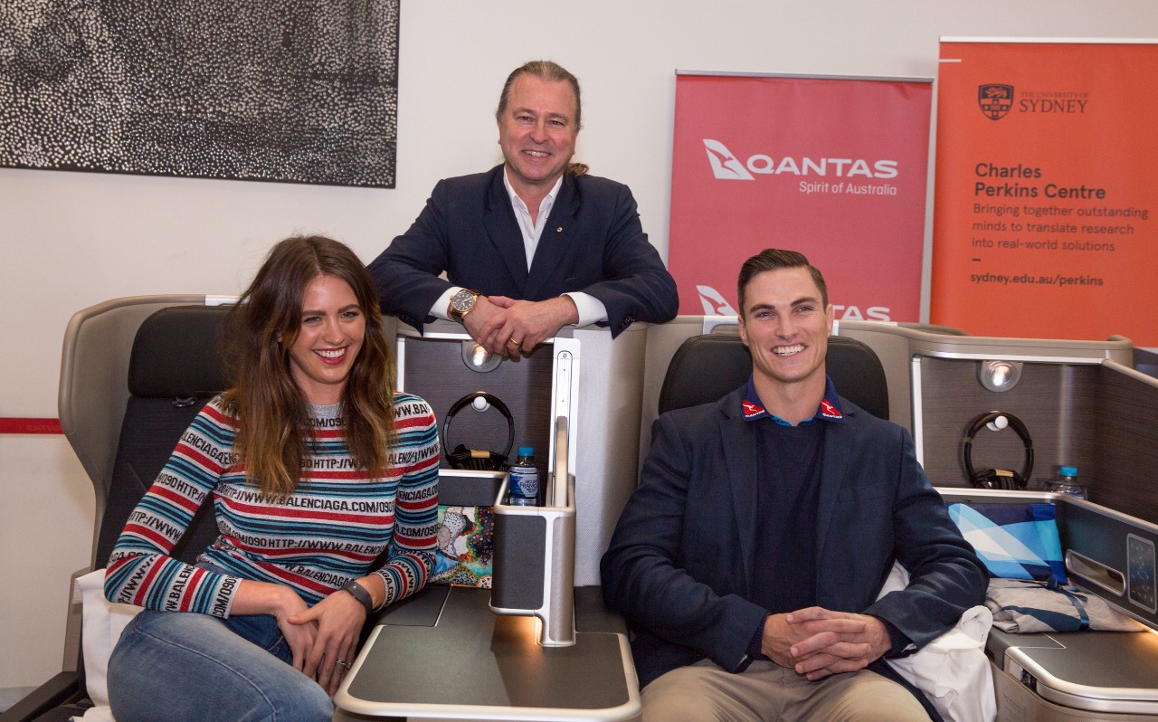 Qantas frequent flyers Jesinta Franklin and Ed Jenkins, with Neil Perry.