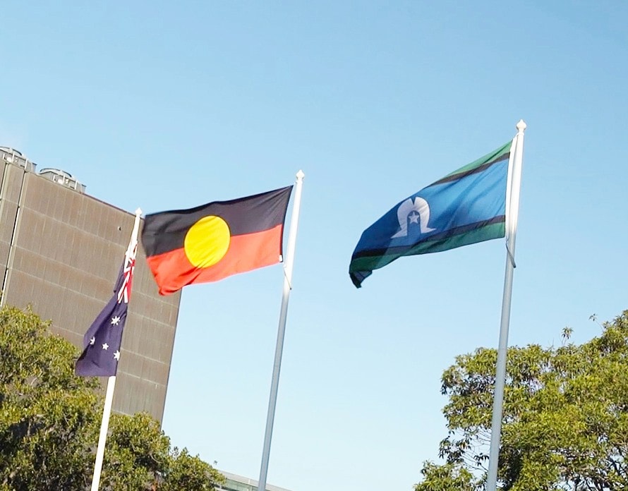 Aboriginal and Torres Strait Island flags flying above the University's Main Quadrangle. 