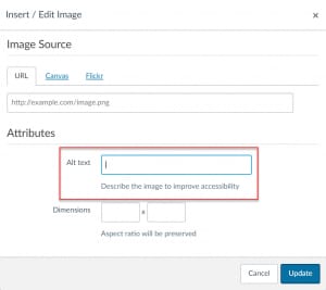 The insert/edit image dialog in Canvas