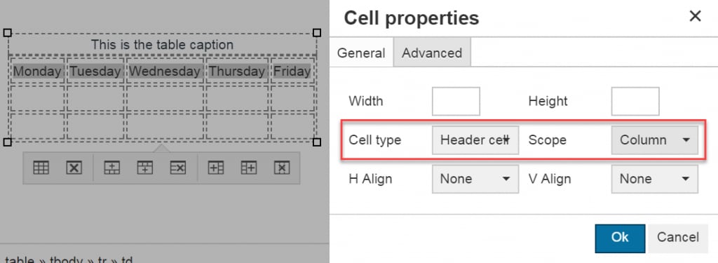Specifying table cell properties in the Canvas Rich Content Editor.