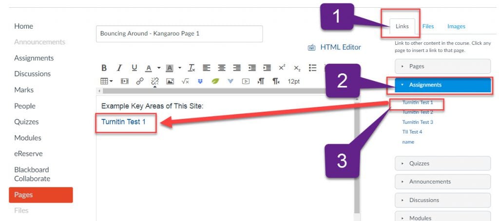 Canvas rich content editor with content selector on the right, marked up with the three steps to creating links.