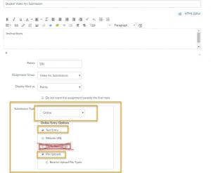 Screenshot of Canvas Assignments show Online as Submission type and both Text Entry and File Uploads boxes ticked