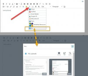 Screenshot of Canvas rich text editor showing how to select Arc to insert ab Arc video into the text area