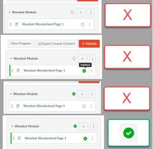 Series of screenshots showing the four possible combiations of published and unpublished module and page configurations - only when both are published can students access the page