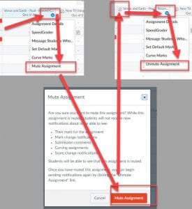 A combination screenshot showing how to mute or unmute assignments as per the instructions in the article