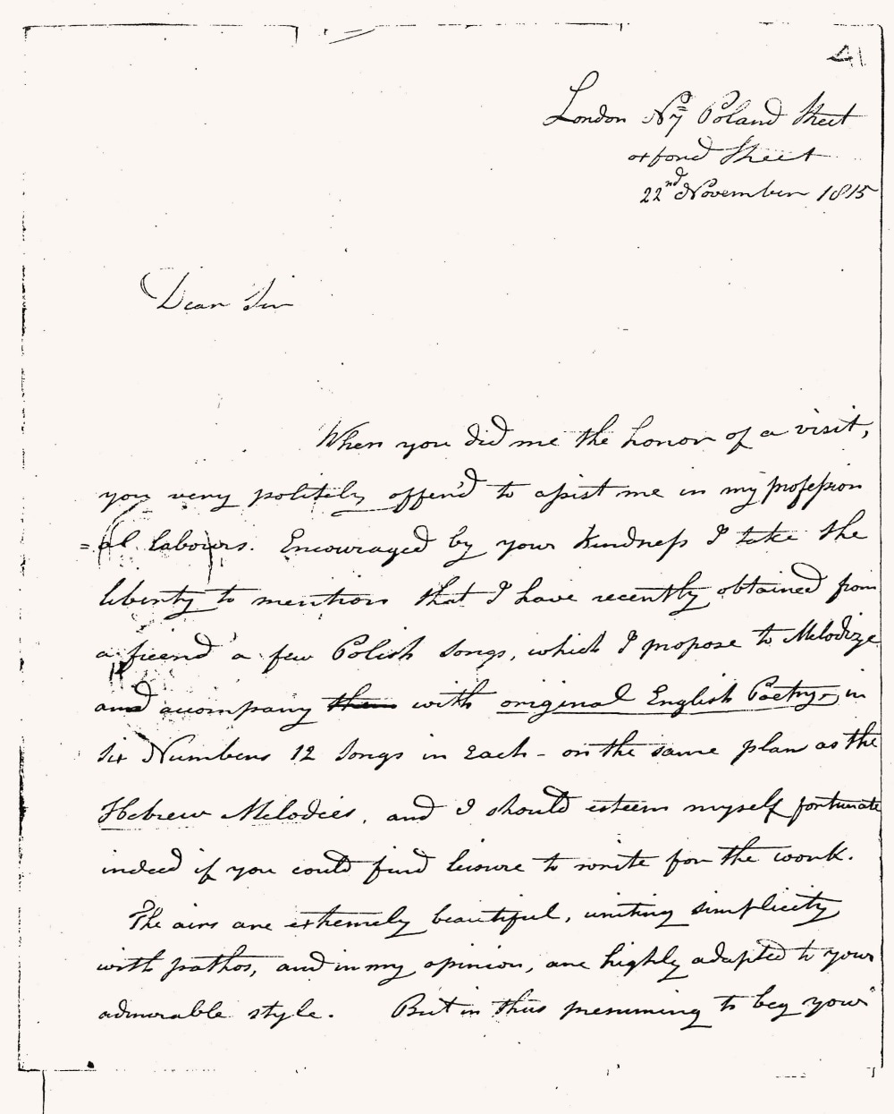 Isaac Nathan, letter to Walter Scott, 22 November 1815, page 1; NLS MS 866, f.41