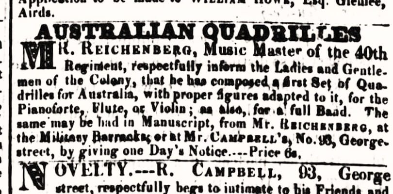 Advertisement for Joseph Reichenberg's Australian quadrilles, The Sydney gazette (28 April 1825, 1