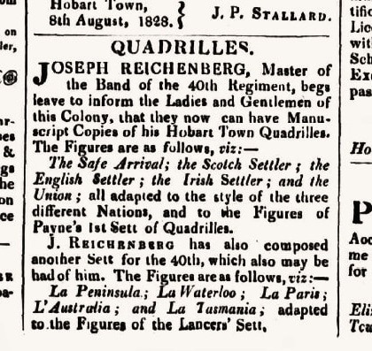 Advertisement for Joseph Reichenberg's quadrilles, The Tasmanian (8 August 1828), 3
