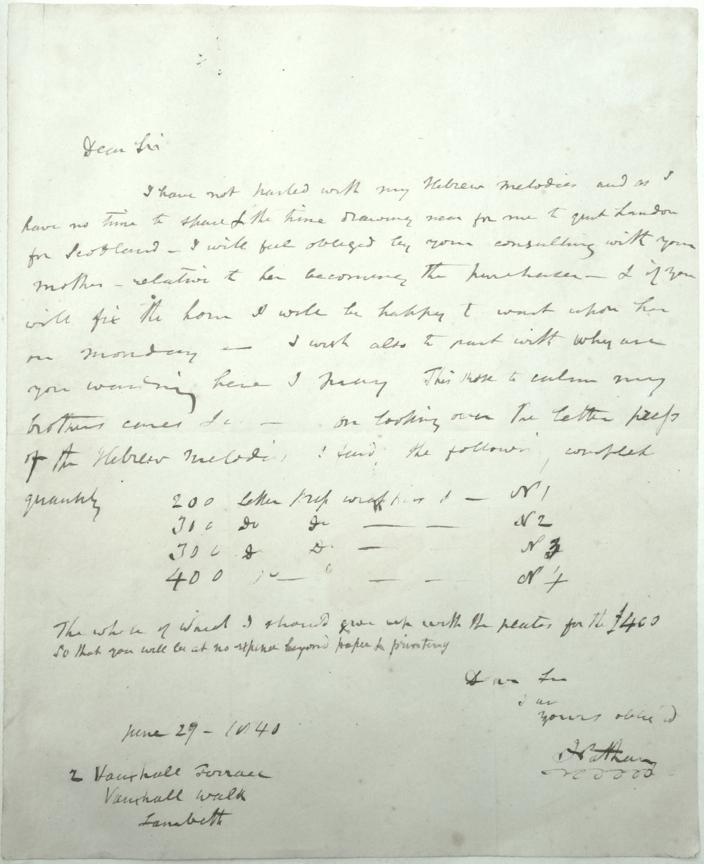 Isaac Nathan, letter to an unknown correspondent [probably Henry Fentum], Lambeth, 29 June 1840; State Library of New South Wales, MLMSS 5912