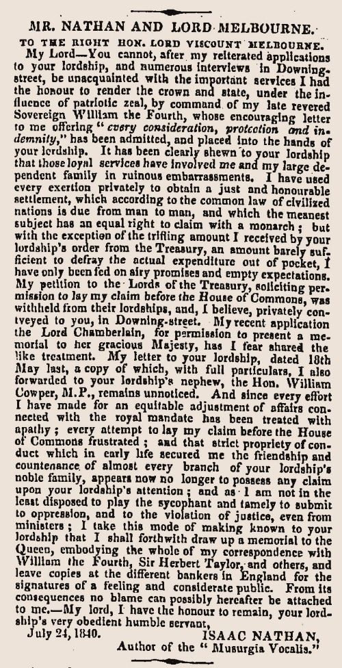 MR. NATHAN AND LORD MELBOURNE, Sunday Times [London] (26 July 1840), 5