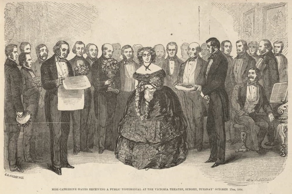 Miss Catherine Hayes receiving a public testimonial at the Victoria Theatre, Sydney, Tuesday, October 17th, 1854