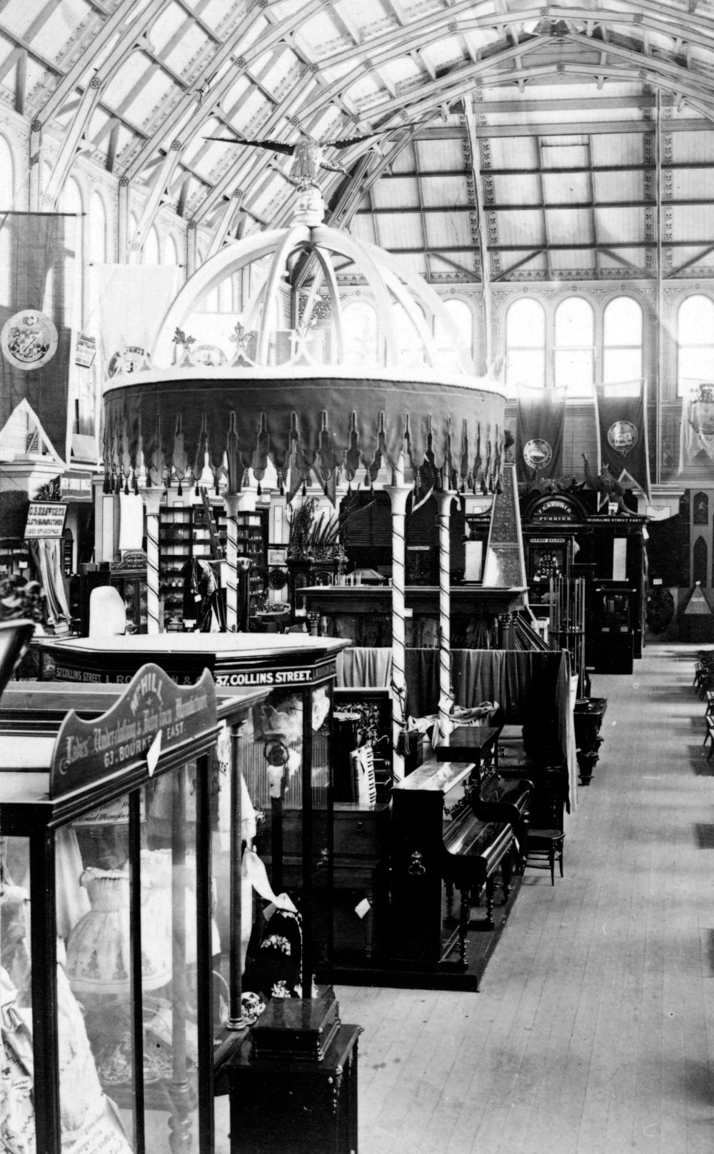 Great Hall, Intercolonial Exhibition, Melbourne, 1866-67, with displays of pianos; State Library of Tasmania