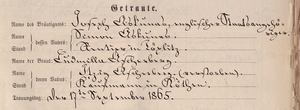 Joseph Askunas, marriage, Dresden, 17 September 1865