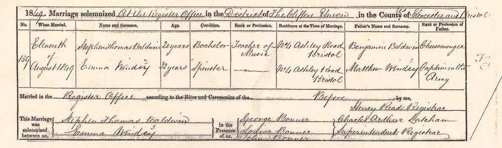 Stephen Thomas Baldwin and Emma Windey, marriage, Bristol, 11 August 1849