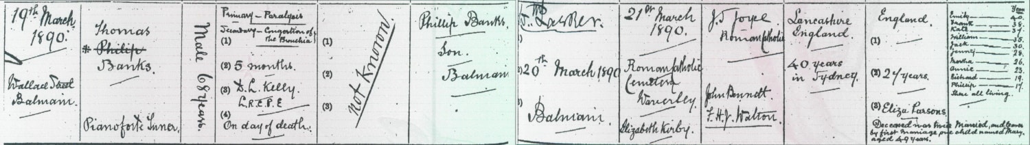 Death certificate, Thomas Banks, 1890; NSW Registry BDM