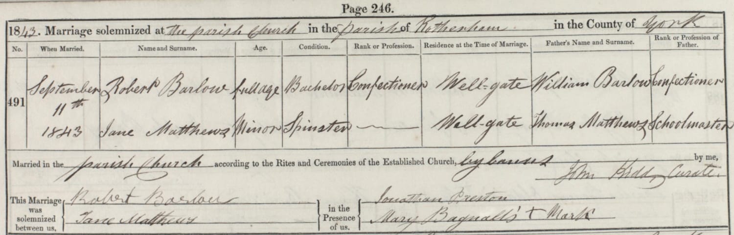 Robert Barlow, marriage, 11 September 1843