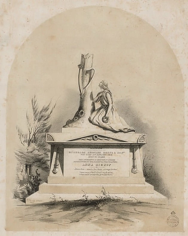 Monument in memory of N. C. Bochsa, erected by Anna Bishop over his grave in Newtown/Camperdown Cemetery, 1856; 
drawn by E. Thomas, Cyrus Mason lithographer, Melbourne; State Library of New South Wales