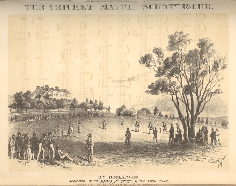 Cover illustration, by Edmund Thomas, Boulanger's The cricket match schottische (Sydney: Clarke, [1857])