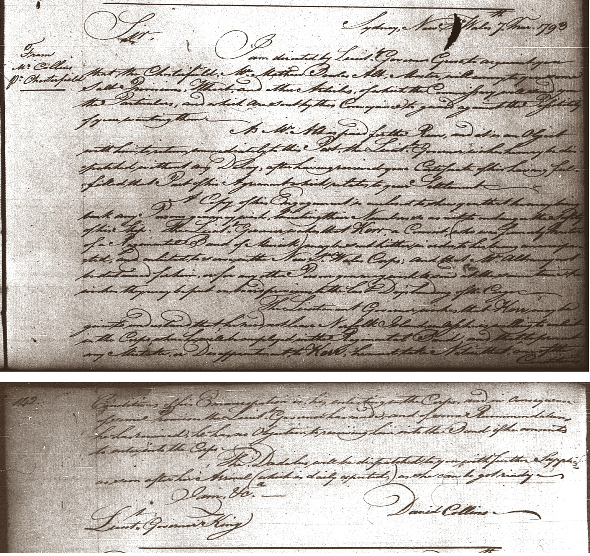 Letter from David Collins, Sydney, 7 March 1793, to Philip Gidley King, Norfolk Island