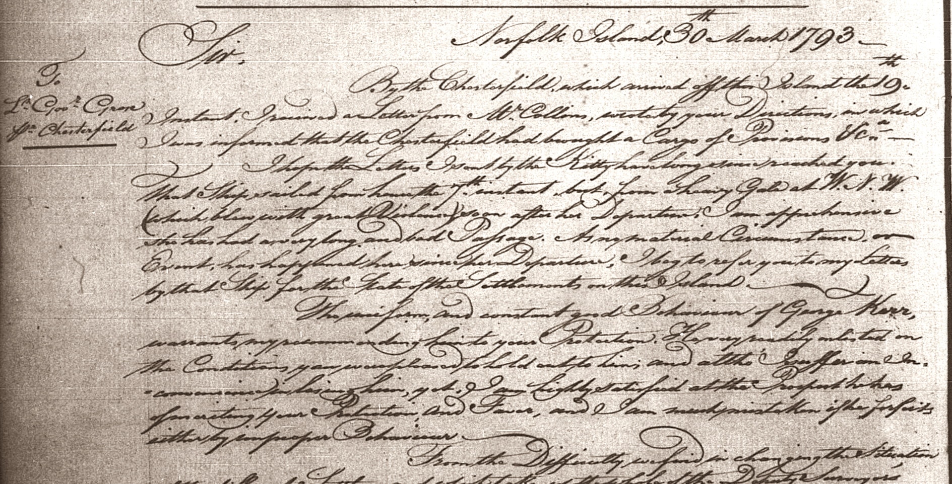 Letter from Philip Gidley King, Norfolk Island, 30 March 1793, to Francis Grose, Sydney (detail)