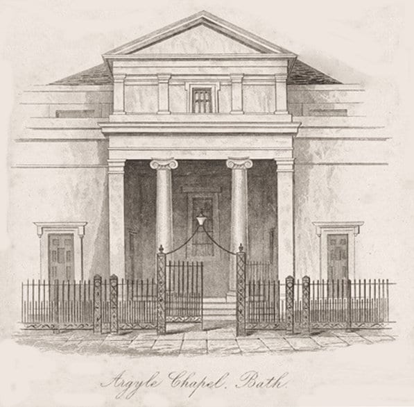 Argyle chapel (Independent), Bath, c. 1821, where Elizabeth's father, James Field, was organist