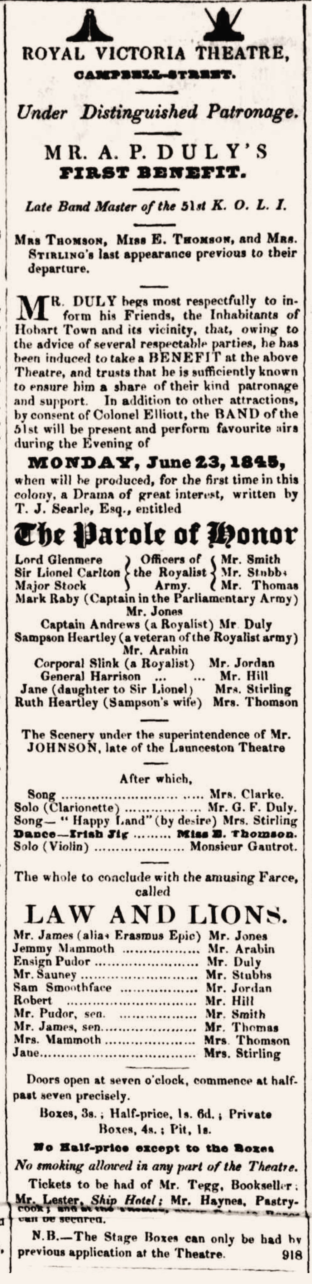 Advertisement for Abraham Duly's benefit, Hobart, 23 June 1845