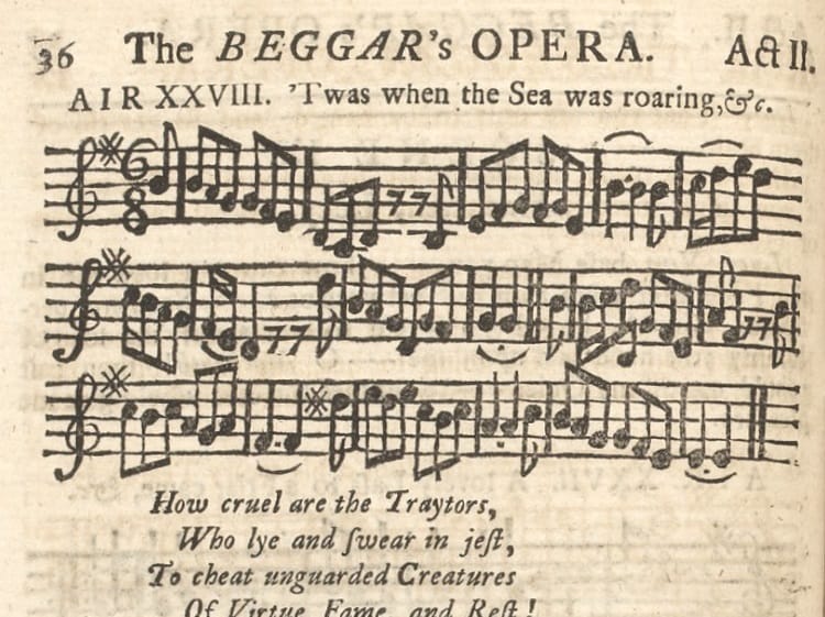 'Twas when the sea was roaring [sic] (The beggar's opera, 4th edn. 1735, 26)