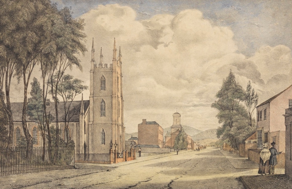 St. Joseph's Church, Macquarie Street, Hobart (with old St. David's behind); engraving published by Thomas Bluett, Hobart, 1844