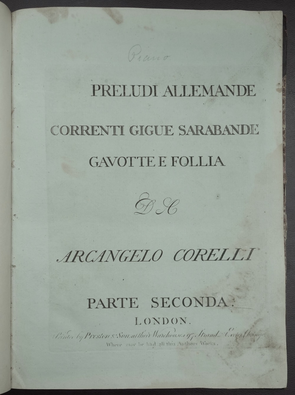 Corelli - solo sonatas, op. 5, cover; MLMSS 9923/1885