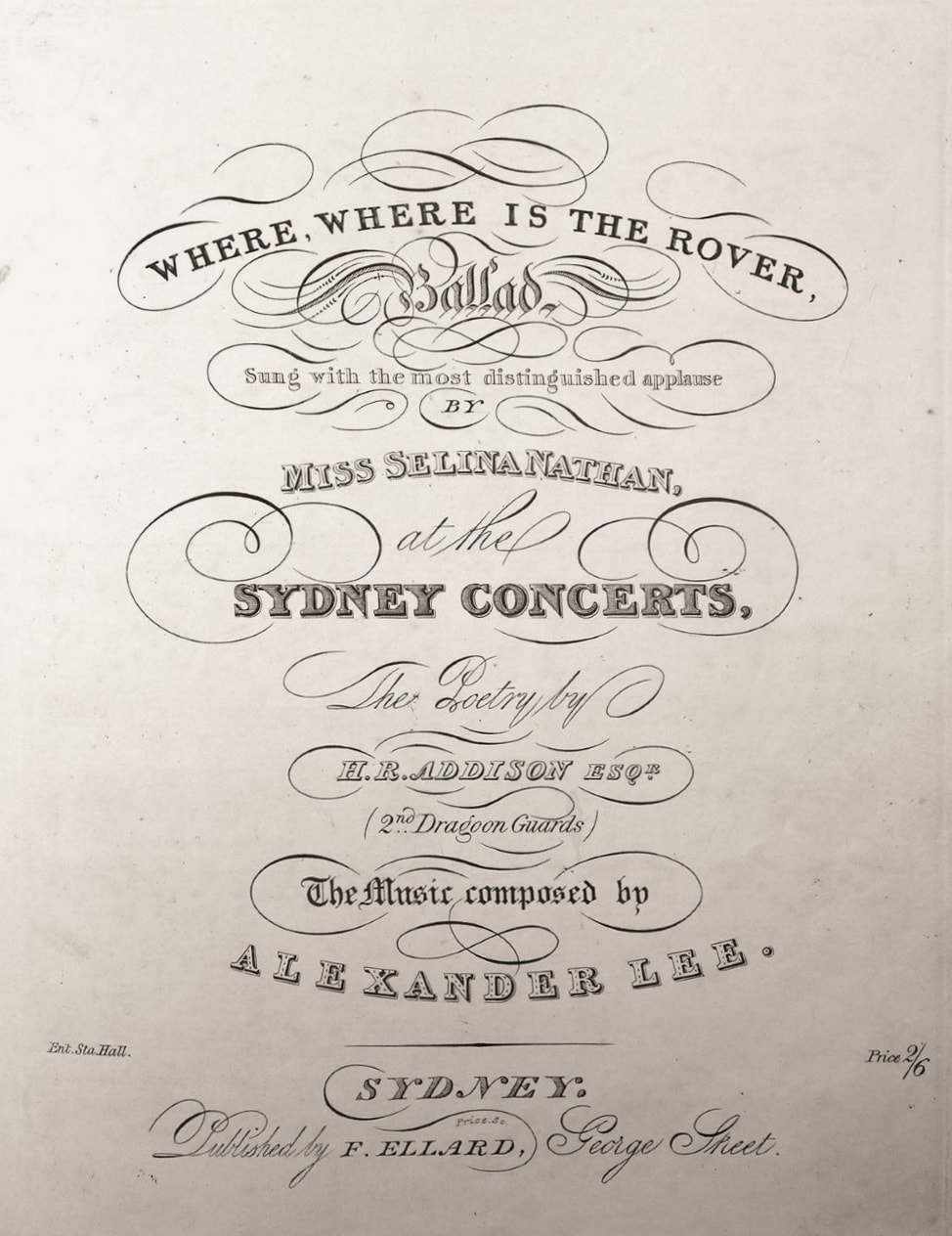 Where, where is the rover (Lee) . . . sung with the most distinguished praise by Miss Selina Nathan at the Sydney Concerts (Sydney, 1842)