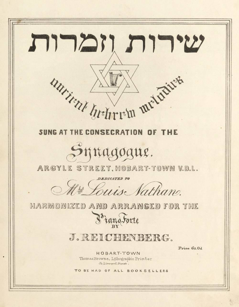 Ancient Hebrew melodies, arr. Reichenberg (Hobart, 1847), cover; Libraries Tasmania