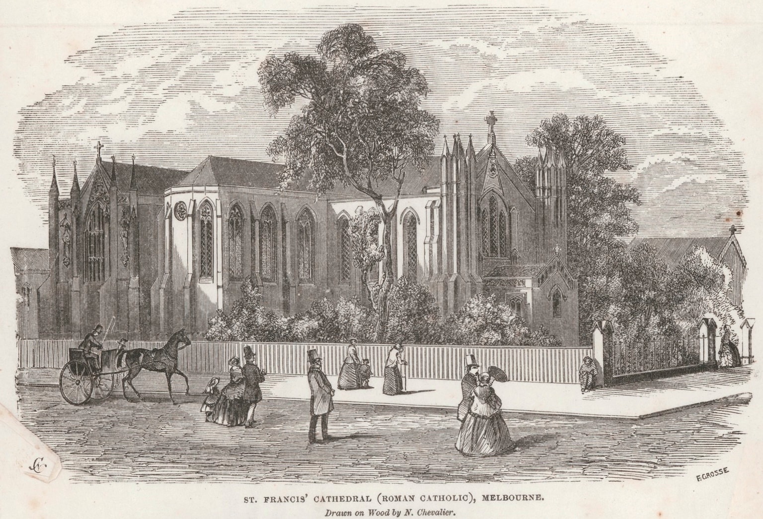 St. Francis's cathedral, Melbourne; drawn on wood by Nicholas Chevalier, engraved by Frederick Grosse, October 1857; State Library of Victoria