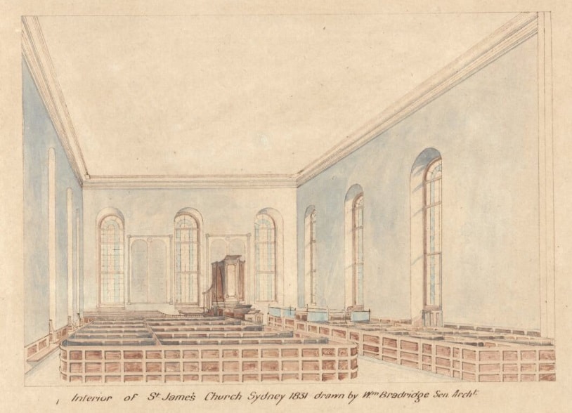 Interior of St. James Church, Sydney, 1831, William Bradridge; National Library of Australia