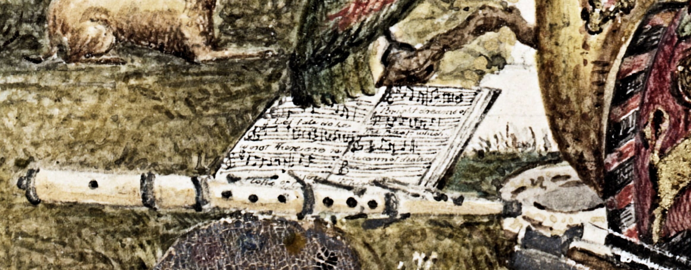 James Wallis, detail of colour sketch, with his flute and music; State Library of New South Wales