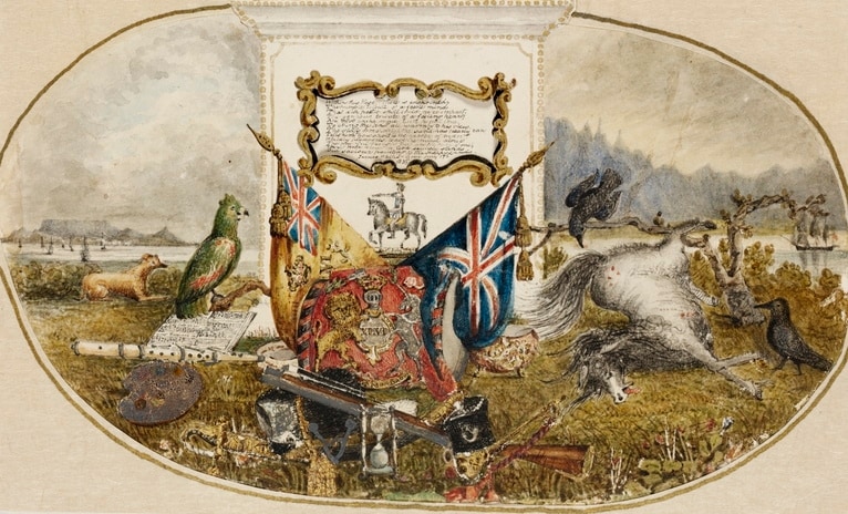 James Wallis, detail of colour sketch, with drum, flute, and music, 1835