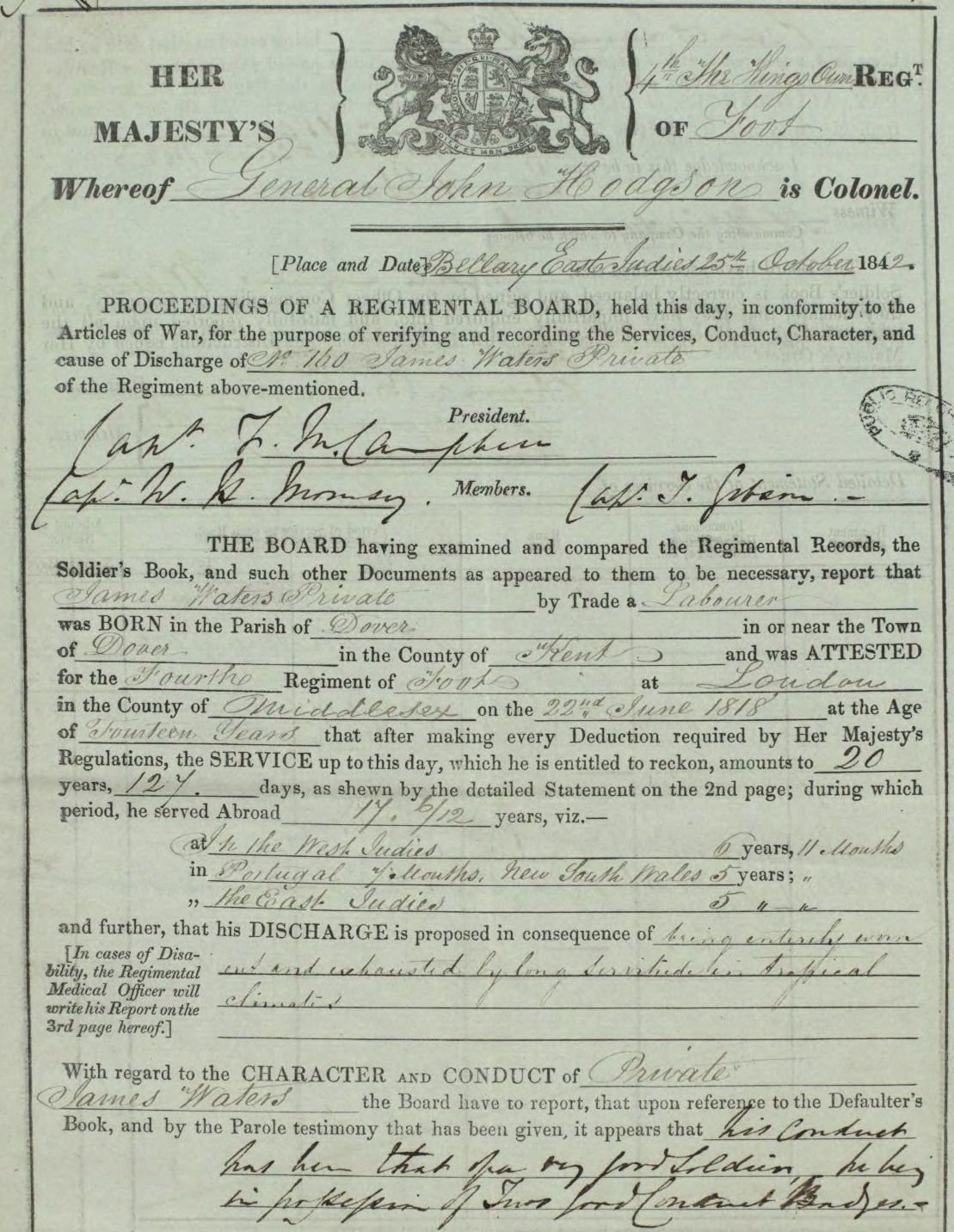 Discharge, James Waters, 25 October 1842; UK National Archives, WO97/0267/040/1