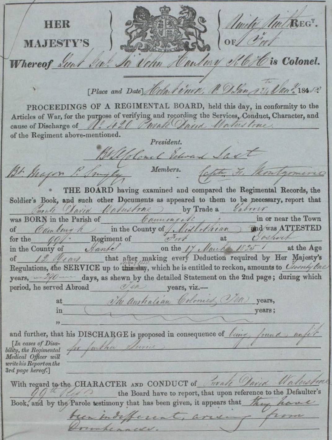 Discharge, David Waterstone, 24 January 1853; UK National Archives, WO97/1068/041/1
