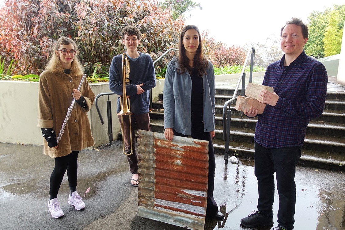 Con student composers contributing to Barrangal dyara (L-R): Mimi Kind, Fenn Idle, Amina Salihbegovic and David Reaston. Absent from photo: Elizabeth Jigalin.