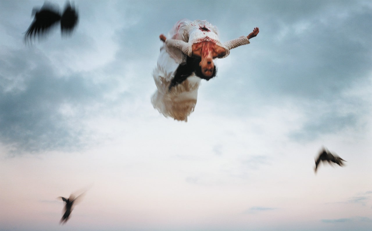 a woman in a white dress appears to be falling high in the sky surrounded by birds