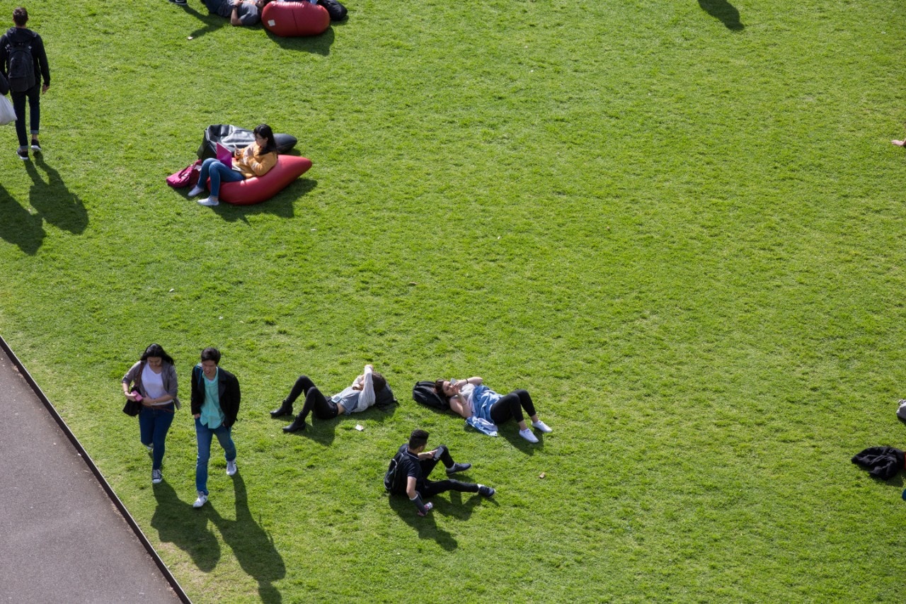 Birds eye view of students on lawn