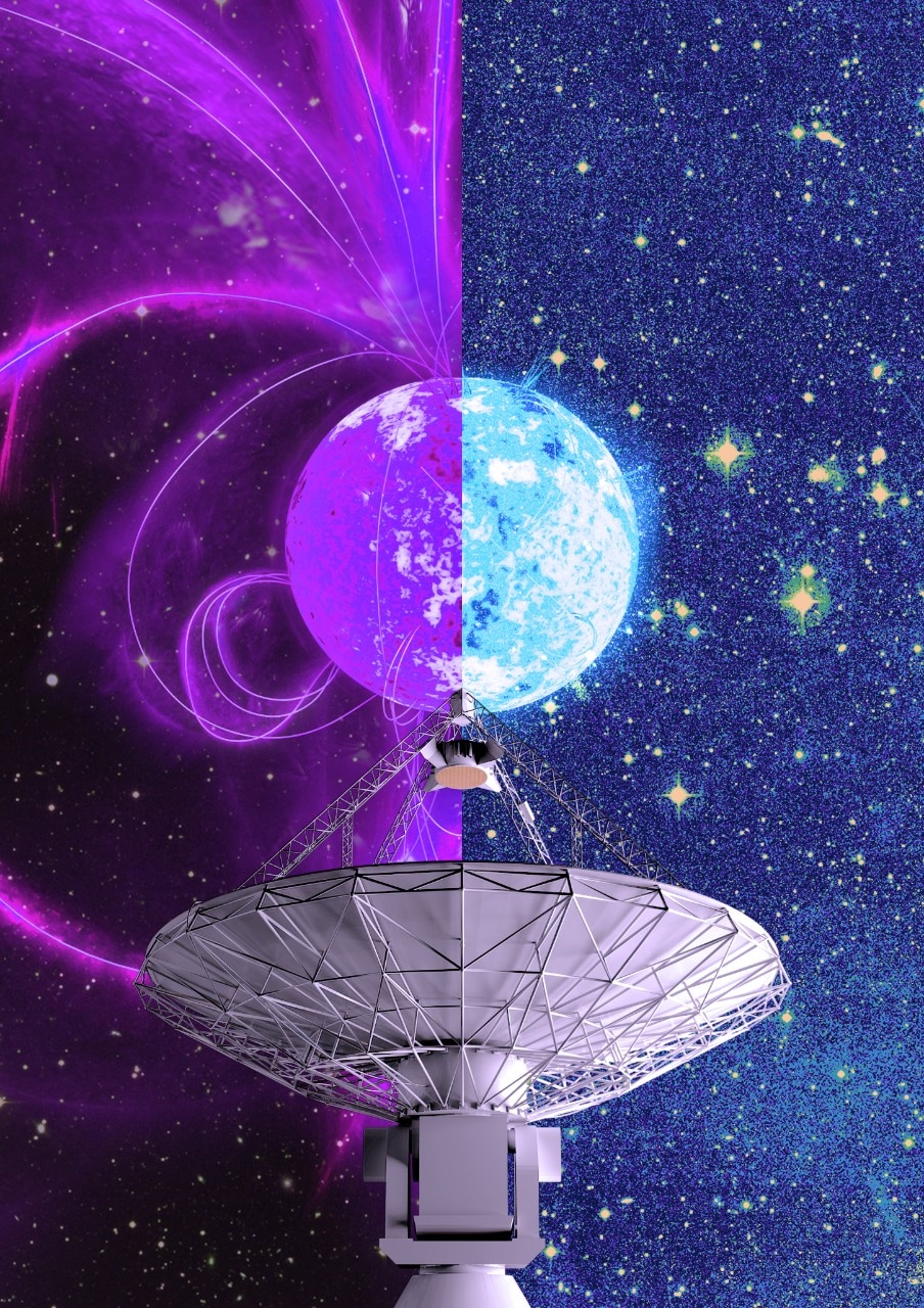 An artist's depiction of the ASKAP radio telescope with two versions of the mysterious celestial object. The left half of the photo is shaded in purple and the right half is shaded in blue, with stars in the background