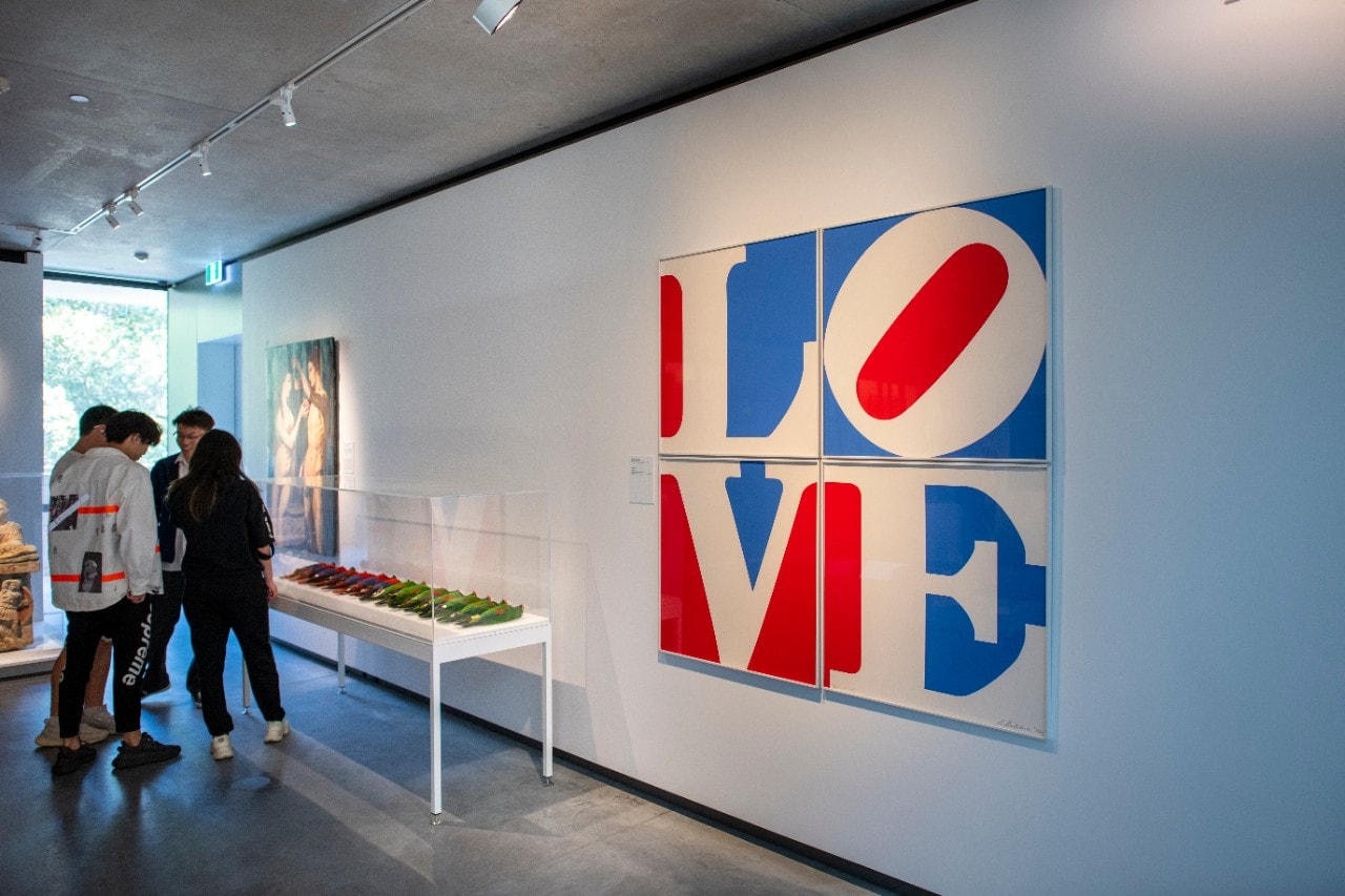 Left to right: The Temptation of Adam in the Garden of Eden, c. 1530, Michiel Coxcie the Elder, egg tempera and oil on oak panel; Eclectus parrots, collected by George Masters 1875, Papua New Guinea; Love, 1972, Robert Indiana, screen print