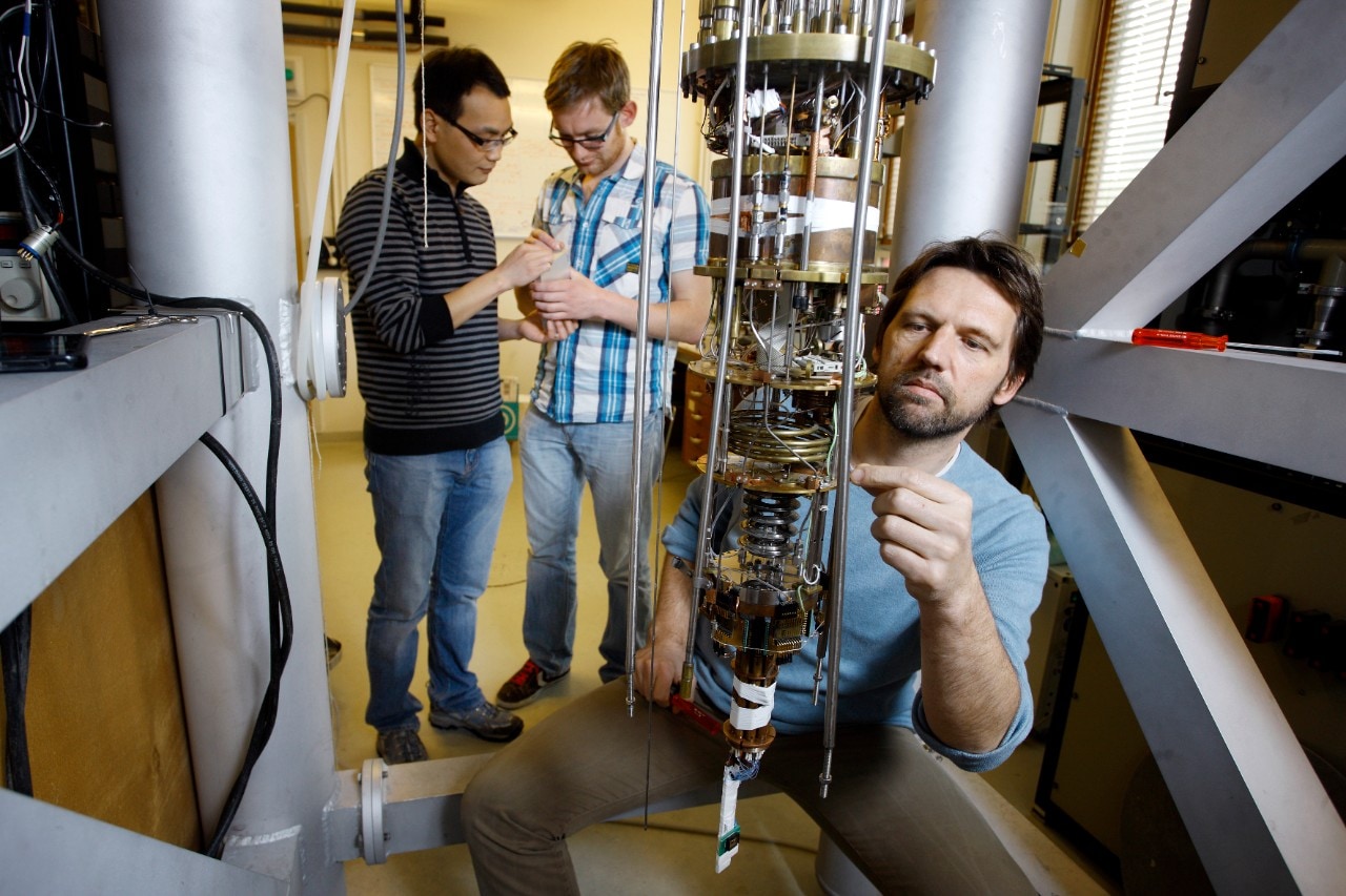 Professor Leo Kouwenhoven (front) in his laboratory at Technical University Delft. Professor Kouwenhoven is director of Station Q Delft.