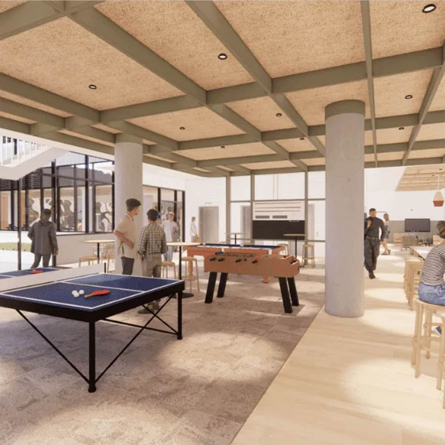 Digital render of games room with pool table and foosball table at UniLodge Kensington 