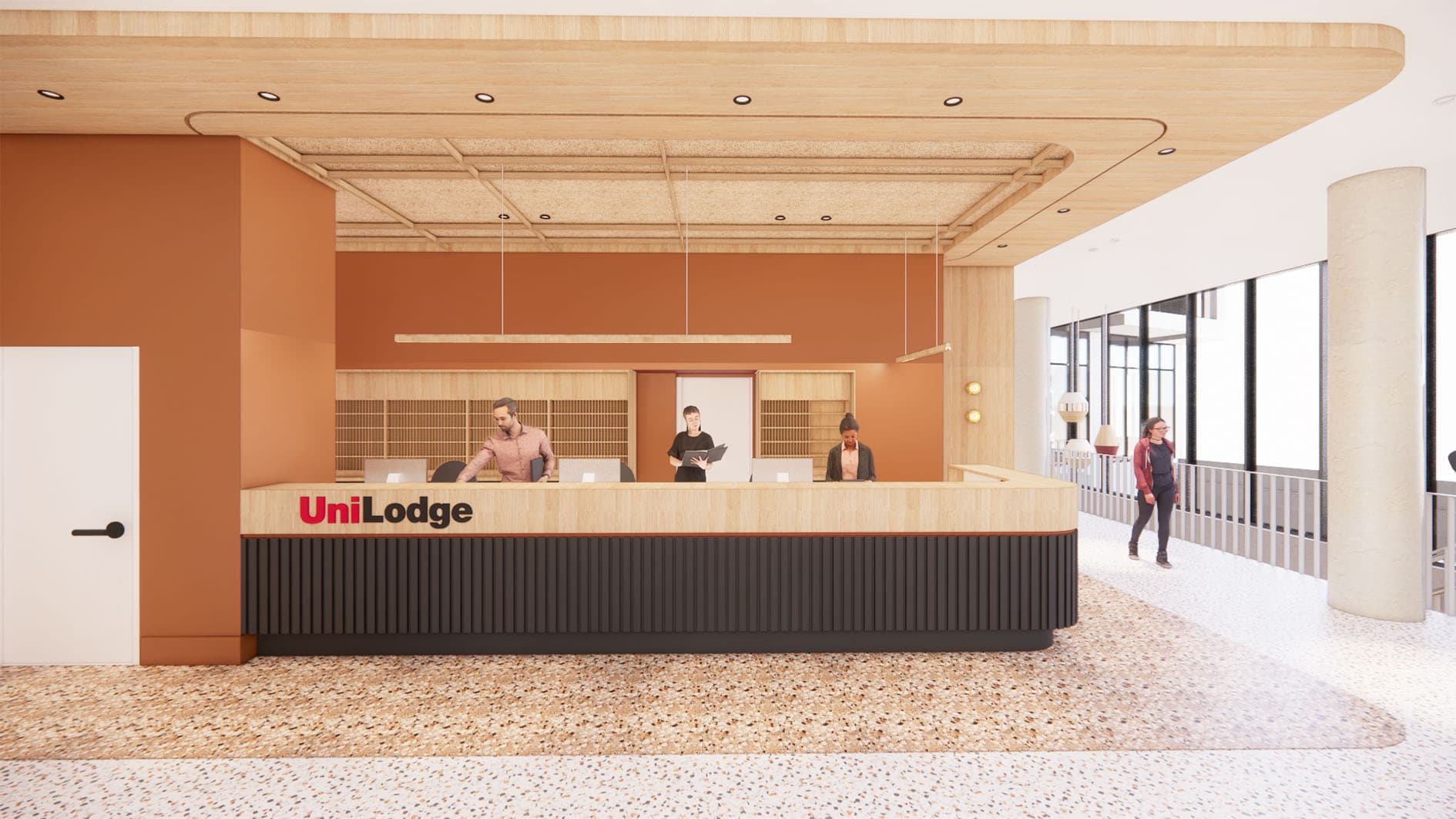 Digital render of UniLodge Kensington reception desk