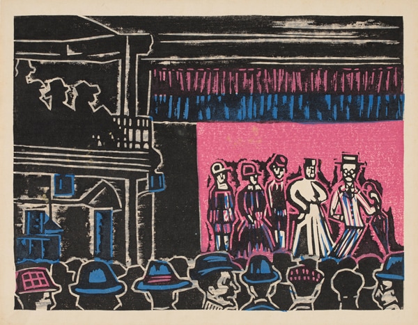 Depiction of people on stage at a casino and a crowd watching them, titled 'Casino follies' by Sumio Kawakami.