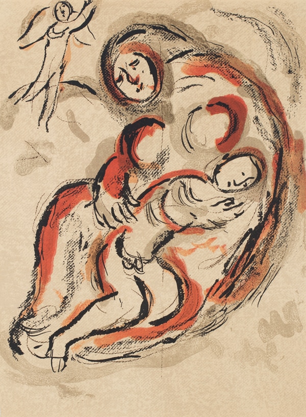 Painting of Hagar and Ishmael, a mother and son embracing in the desert, while an angle overlooks them.